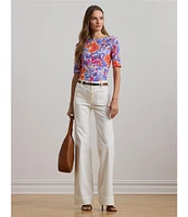 Lauren Ralph Lauren Petite Size Stretch Cotton Floral Boat Neck Elbow Length Sleeve T-Shirt