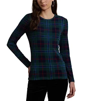 Lauren Ralph Lauren Petite Size Stretch Cotton Plaid Crew Neck Long Sleeve Top