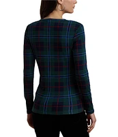 Lauren Ralph Lauren Petite Size Stretch Cotton Plaid Crew Neck Long Sleeve Top