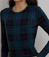 Lauren Ralph Lauren Petite Size Stretch Cotton Plaid Crew Neck Long Sleeve Top