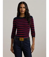 Lauren Ralph Lauren Petite Size Striped Cotton-Blend Crew Neck Long Sleeve Sweater