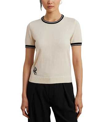 Lauren Ralph Lauren Petite Size Two-Tone Ribbed Crew Neck Short Sleeve Sweater
