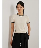 Lauren Ralph Lauren Petite Size Two-Tone Ribbed Crew Neck Short Sleeve Sweater