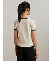 Lauren Ralph Lauren Petite Size Two-Tone Ribbed Crew Neck Short Sleeve Sweater