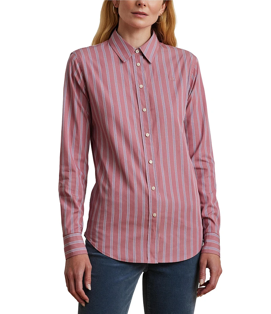 Lauren Ralph Lauren Petite Size Woven Striped Point Collar Long Sleeve Button-Front Shirt