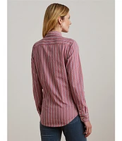 Lauren Ralph Lauren Petite Size Woven Striped Point Collar Long Sleeve Button-Front Shirt