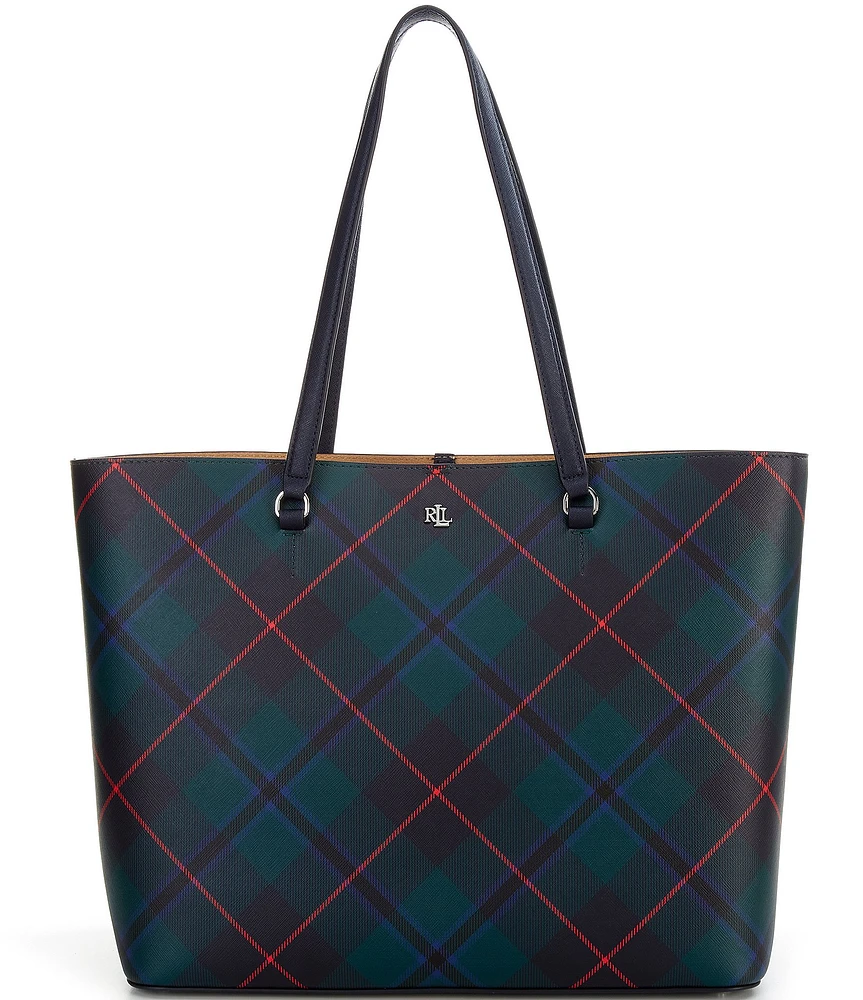 Lauren Ralph Lauren Plaid Leather Large Karly Tote Bag