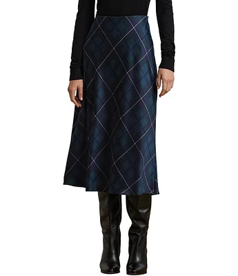 Lauren Ralph Lauren Plaid Motif Satin Charmeuse A-Line Midi Skirt