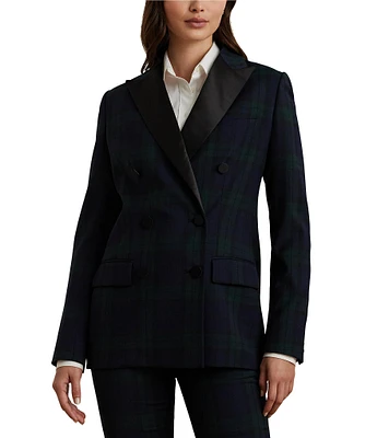 Lauren Ralph Lauren Plaid Print Wool Blend Twill Satin Peak Lapel Double Breasted Blazer