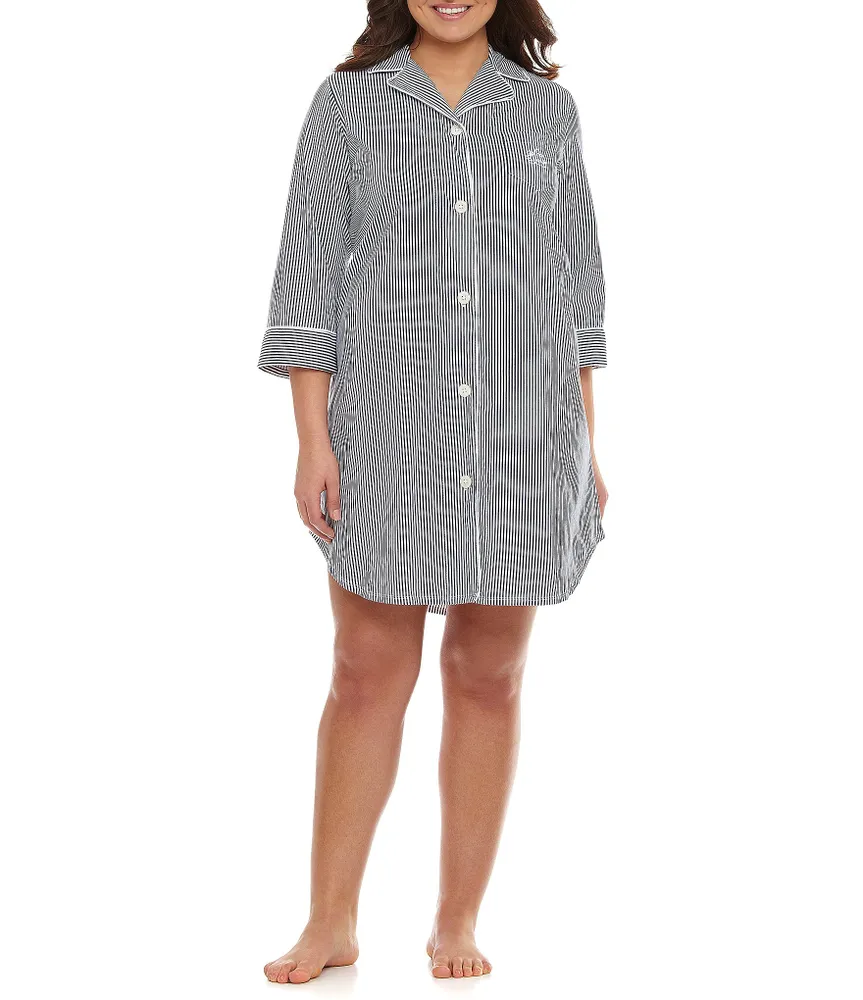 Lauren Ralph Plus Classic Notch Collar 3/4 Sleeve Cotton Nightshirt