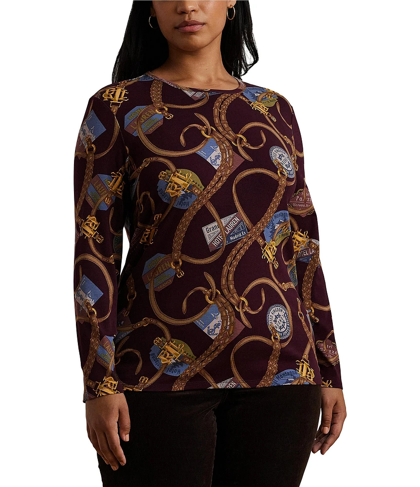 Lauren Ralph Lauren Plus Size Belting-Print Stretch Crew Neck Long Sleeve Tee