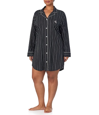 Lauren Ralph Lauren Plus Size Black Stripe Long Sleeve Notch Collar Knit Sleepshirt