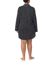 Lauren Ralph Lauren Plus Size Black Stripe Long Sleeve Notch Collar Knit Sleepshirt