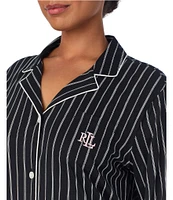 Lauren Ralph Lauren Plus Size Black Stripe Long Sleeve Notch Collar Knit Sleepshirt