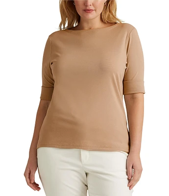 Lauren Ralph Lauren Plus Size Camel Stretch-Infuse Cotton Boat Neck Tee