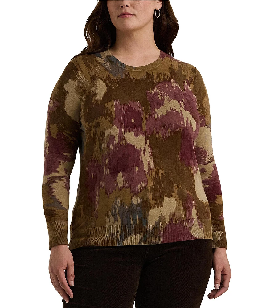 Lauren Ralph Lauren Plus Size Cotton-Blend Abstract Floral Print Crew Neck Long Sleeve Sweater