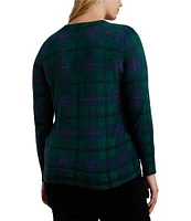 Lauren Ralph Lauren Plus Size Cotton-Blend Festive Black Watch Plaid Crew Neck Long Sleeve Beaded-Crest Sweater