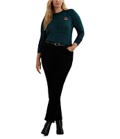 Lauren Ralph Lauren Plus Size Cotton-Blend Festive Black Watch Plaid Crew Neck Long Sleeve Beaded-Crest Sweater