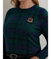 Lauren Ralph Lauren Plus Size Cotton-Blend Festive Black Watch Plaid Crew Neck Long Sleeve Beaded-Crest Sweater