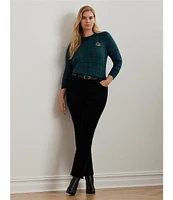 Lauren Ralph Lauren Plus Size Cotton-Blend Festive Black Watch Plaid Crew Neck Long Sleeve Beaded-Crest Sweater