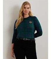 Lauren Ralph Lauren Plus Size Cotton-Blend Festive Black Watch Plaid Crew Neck Long Sleeve Beaded-Crest Sweater