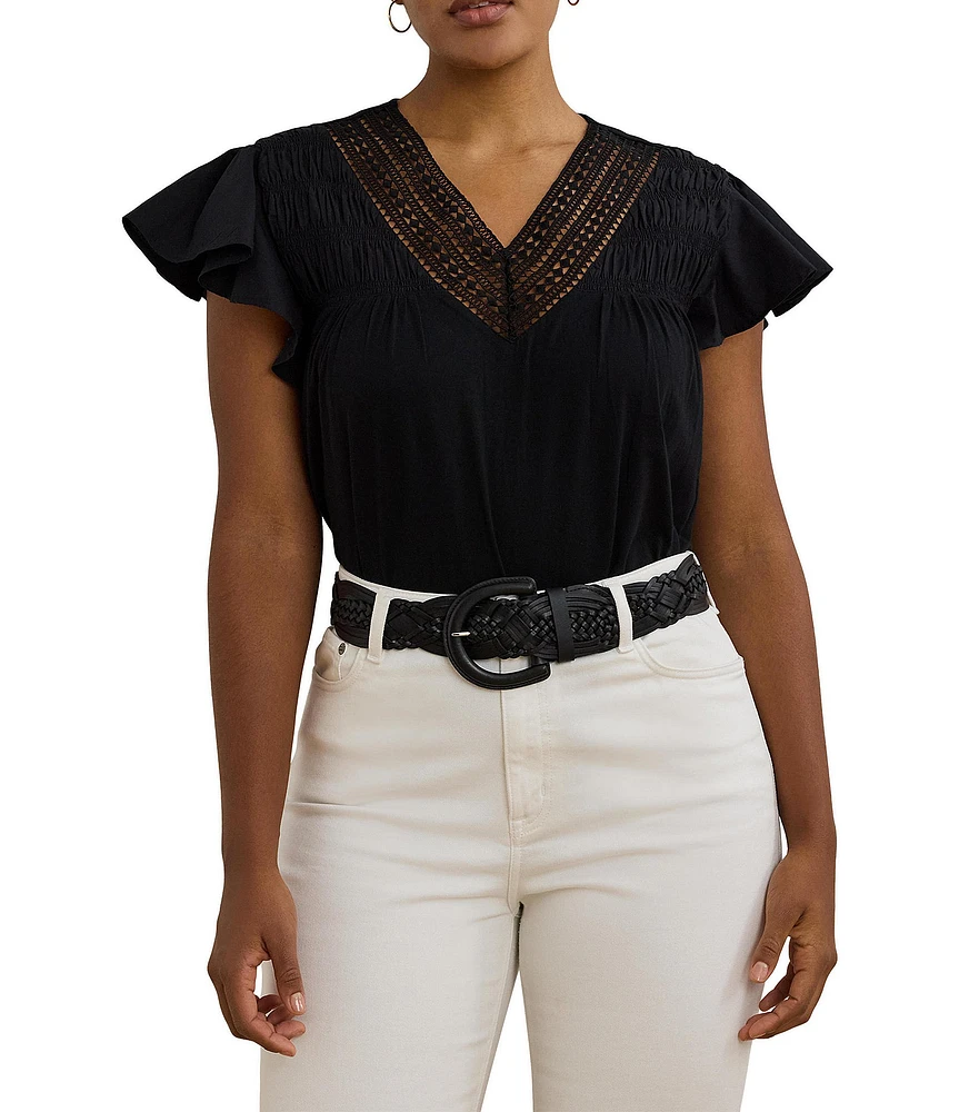 Lauren Ralph Lauren Plus Size Cotton-Blend V-Neck Lace Trim Tee