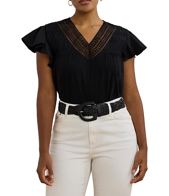 Lauren Ralph Lauren Plus Size Cotton-Blend V-Neck Lace Trim Tee