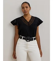 Lauren Ralph Lauren Plus Size Cotton-Blend V-Neck Lace Trim Tee