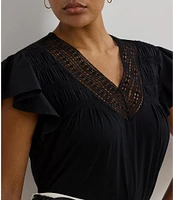 Lauren Ralph Lauren Plus Size Cotton-Blend V-Neck Lace Trim Tee