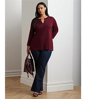 Lauren Ralph Lauren Plus Size Cotton Jersey Knit Split V-Neck 3/4 Sleeve Side Slit Tunic