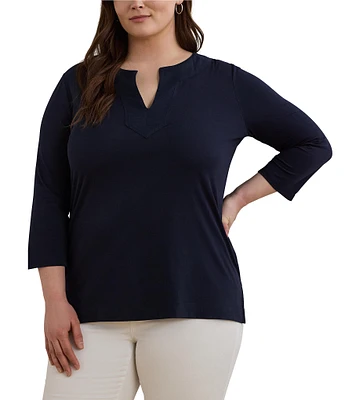 Lauren Ralph Lauren Plus Size Cotton Jersey Split V-Neck 3/4 Sleeve Shirt