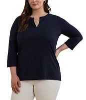 Lauren Ralph Lauren Plus Size Cotton Jersey Split V-Neck 3/4 Sleeve Shirt