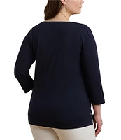 Lauren Ralph Lauren Plus Size Cotton Jersey Split V-Neck 3/4 Sleeve Shirt