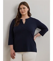 Lauren Ralph Lauren Plus Size Cotton Jersey Split V-Neck 3/4 Sleeve Shirt