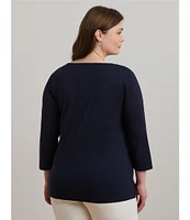 Lauren Ralph Lauren Plus Size Cotton Jersey Split V-Neck 3/4 Sleeve Shirt