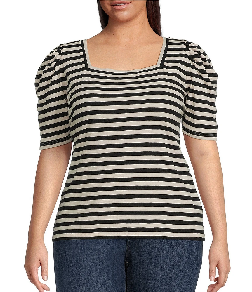 Lauren Ralph Lauren Plus Size Cotton Jersey Striped Square Neck Puff Sleeve Tee