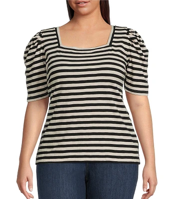 Lauren Ralph Lauren Plus Size Cotton Jersey Striped Square Neck Puff Sleeve Tee