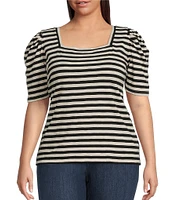 Lauren Ralph Lauren Plus Size Cotton Jersey Striped Square Neck Puff Sleeve Tee