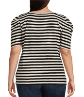 Lauren Ralph Lauren Plus Size Cotton Jersey Striped Square Neck Puff Sleeve Tee