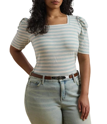 Lauren Ralph Lauren Plus Size Cotton Jersey Striped Square Neck Short Puff Sleeve Top