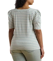 Lauren Ralph Lauren Plus Size Cotton Jersey Striped Square Neck Short Puff Sleeve Top