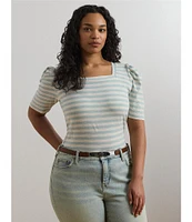 Lauren Ralph Lauren Plus Size Cotton Jersey Striped Square Neck Short Puff Sleeve Top