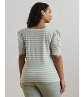 Lauren Ralph Lauren Plus Size Cotton Jersey Striped Square Neck Short Puff Sleeve Top