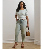 Lauren Ralph Lauren Plus Size Cotton Jersey Striped Square Neck Short Puff Sleeve Top