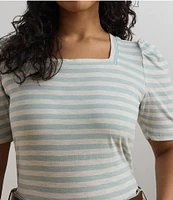 Lauren Ralph Lauren Plus Size Cotton Jersey Striped Square Neck Short Puff Sleeve Top