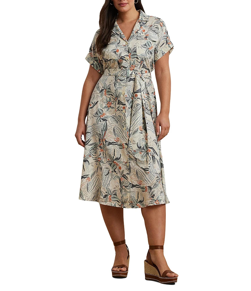 Lauren Ralph Lauren Plus Size Crepe de Chine Abstract Print Camp Collar Short Sleeve Belted Shirt Dress