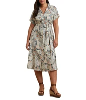 Lauren Ralph Lauren Plus Size Crepe de Chine Abstract Print Camp Collar Short Sleeve Belted Shirt Dress