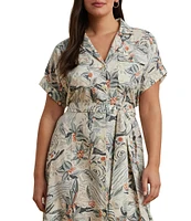 Lauren Ralph Lauren Plus Size Crepe de Chine Abstract Print Camp Collar Short Sleeve Belted Shirt Dress