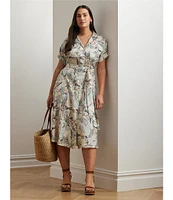 Lauren Ralph Lauren Plus Size Crepe de Chine Abstract Print Camp Collar Short Sleeve Belted Shirt Dress