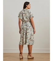 Lauren Ralph Lauren Plus Size Crepe de Chine Abstract Print Camp Collar Short Sleeve Belted Shirt Dress